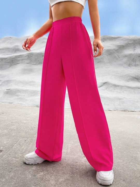 EZwear Commuting Style Pink Solid High Waist Straight Leg Pants