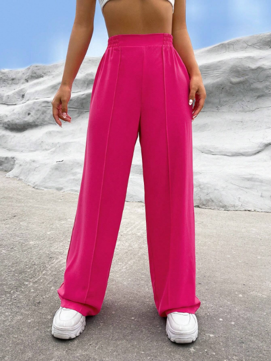 EZwear Commuting Style Pink Solid High Waist Straight Leg Pants