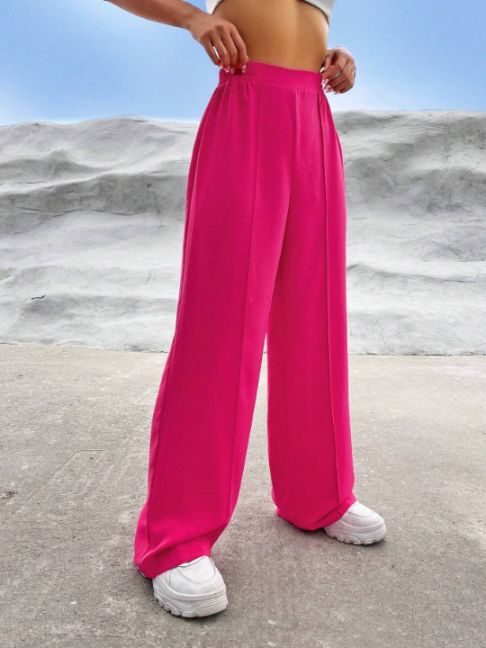 EZwear Commuting Style Pink Solid High Waist Straight Leg Pants