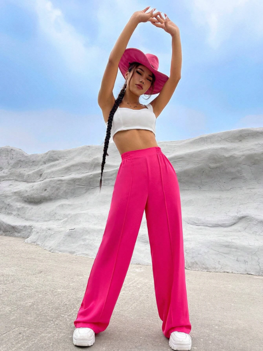 EZwear Commuting Style Pink Solid High Waist Straight Leg Pants