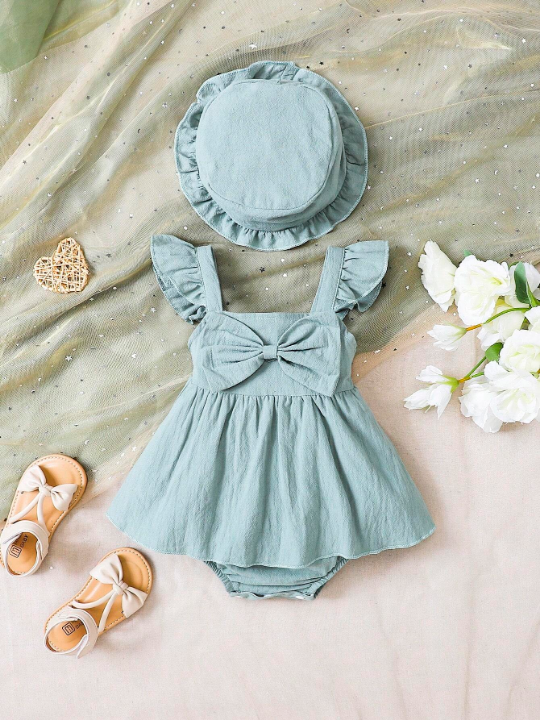 Baby Girl Bow Front Ruffle Trim Combo Bodysuit Dress & Hat