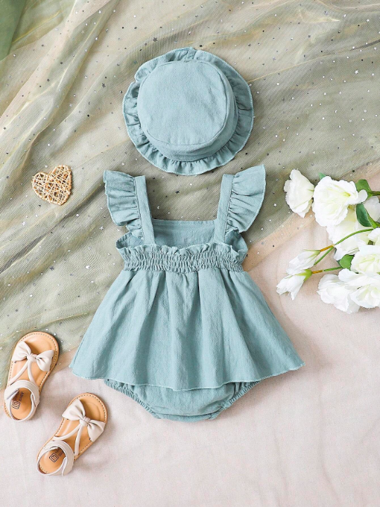 Baby Girl Bow Front Ruffle Trim Combo Bodysuit Dress & Hat