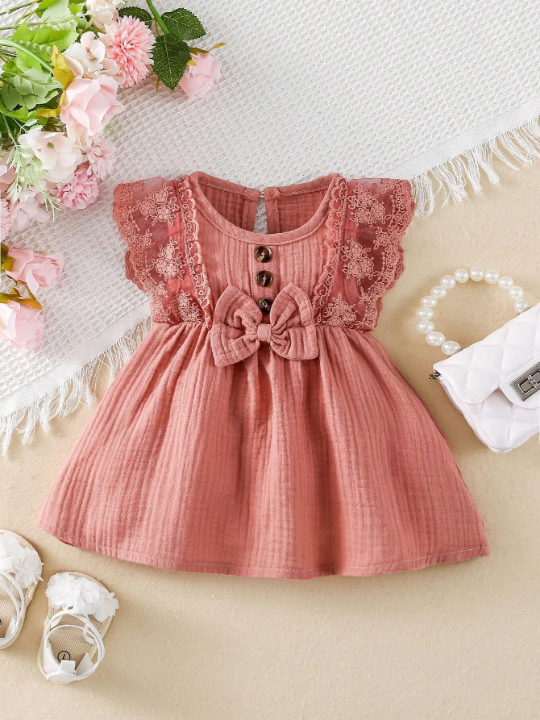 Baby Contrast Lace Ruffle Trim Bow Front Dress