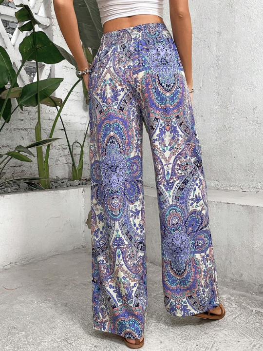 VCAY Paisley Print Tie Front Wide Leg Pants