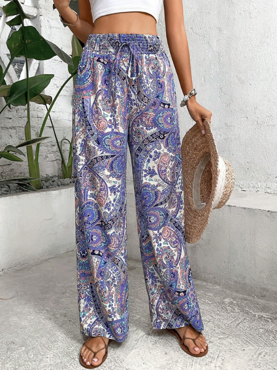 VCAY Paisley Print Tie Front Wide Leg Pants