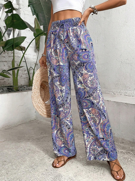 VCAY Paisley Print Tie Front Wide Leg Pants