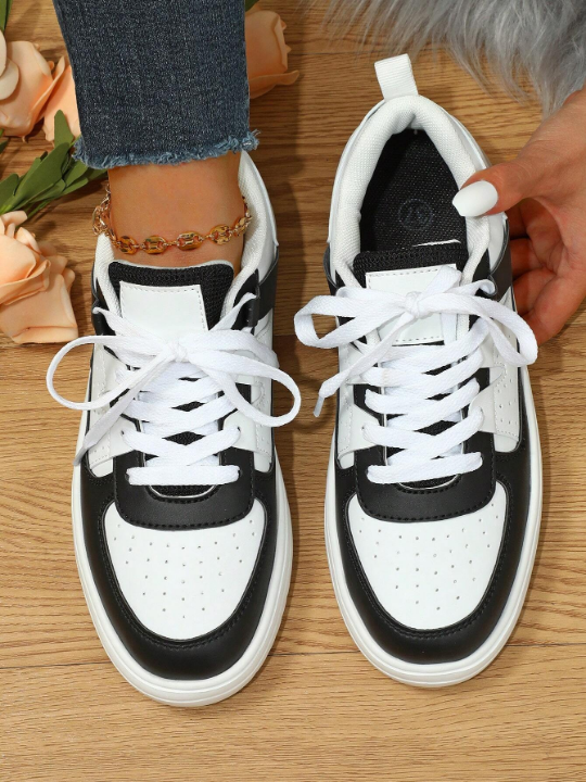 Sporty Skate Shoes For Women, Two Tone Lace-up Front Sneakers