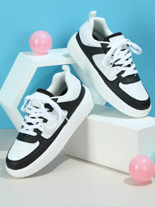 Sporty Skate Shoes For Women, Two Tone Lace-up Front Sneakers