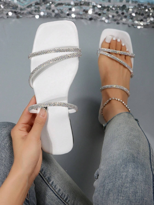 Women Rhinestone Decor Square Toe Flat Sandals, Glamorous Outdoor Glass Slide Sandals