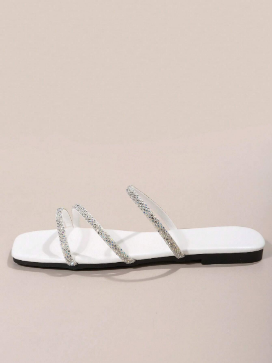 Women Rhinestone Decor Square Toe Flat Sandals, Glamorous Outdoor Glass Slide Sandals