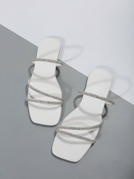 Women Rhinestone Decor Square Toe Flat Sandals, Glamorous Outdoor Glass Slide Sandals