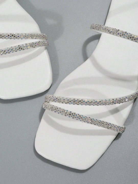 Women Rhinestone Decor Square Toe Flat Sandals, Glamorous Outdoor Glass Slide Sandals