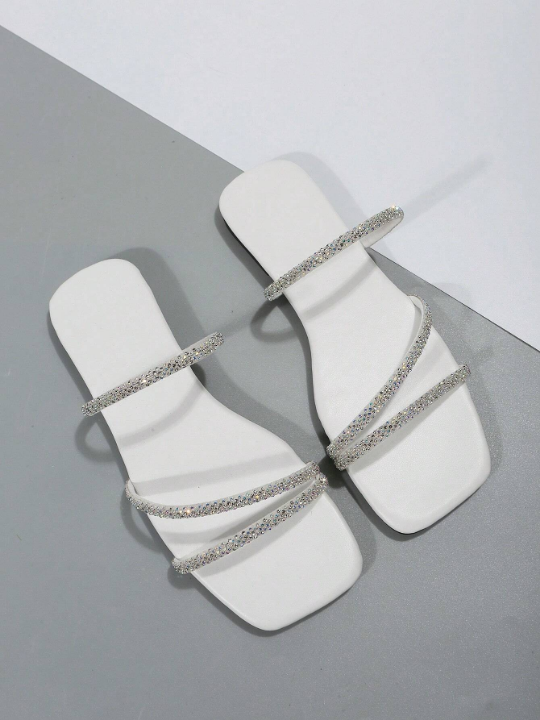 Women Rhinestone Decor Square Toe Flat Sandals, Glamorous Outdoor Glass Slide Sandals