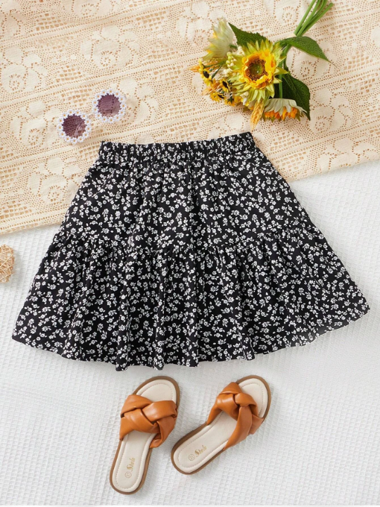 Tween Girl Ditsy Floral Print Ruffle Hem Skirt