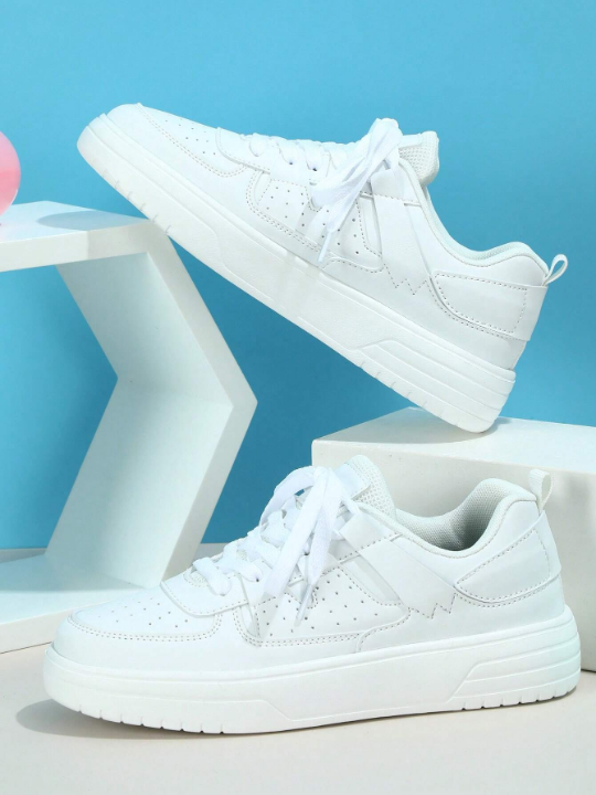 Women Minimalist Skate Shoes, Lace-up Front Sporty Sneakers White