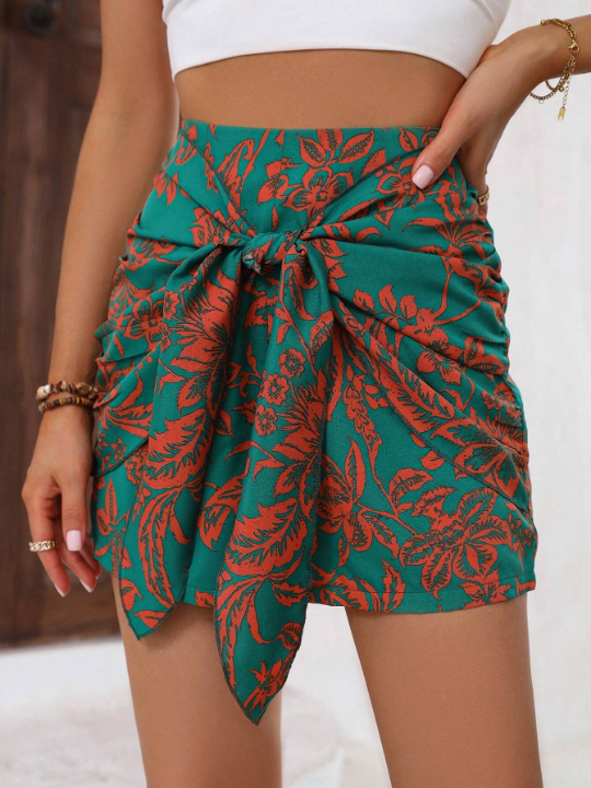 VCAY Tropical Print Knot Front Skort