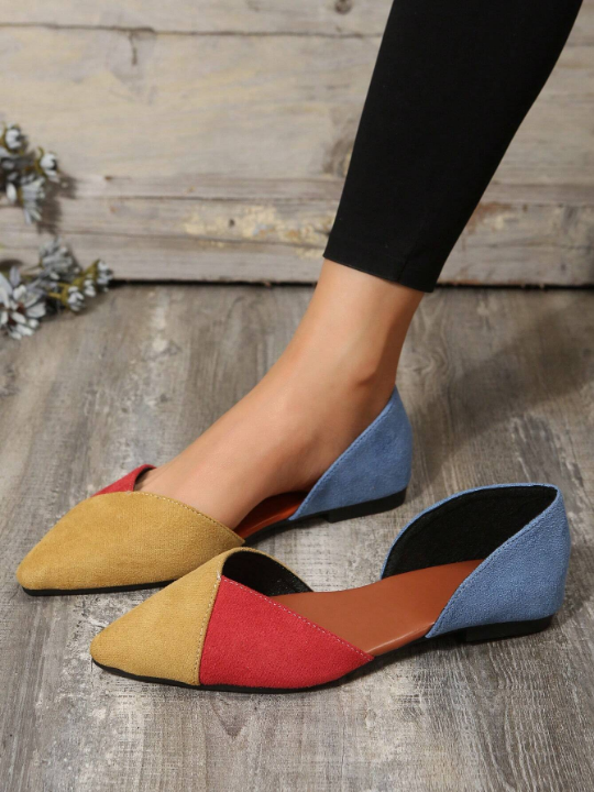 Women Color Block Ballet Flats, Fashion Outdoor Faux Suede Flats