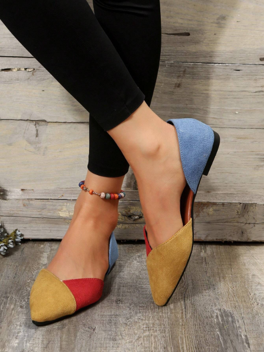 Women Color Block Ballet Flats, Fashion Outdoor Faux Suede Flats