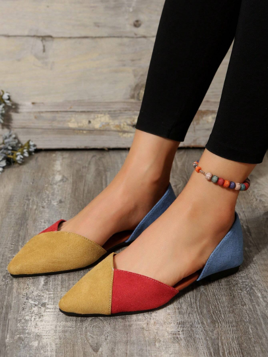 Women Color Block Ballet Flats, Fashion Outdoor Faux Suede Flats