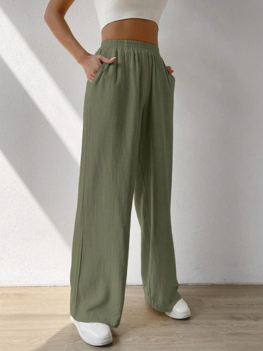 EZwear Solid Slant Pocket Wide Leg Pants