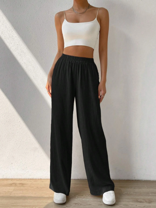 EZwear Solid Slant Pocket Wide Leg Pants