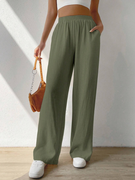 EZwear Solid Slant Pocket Wide Leg Pants