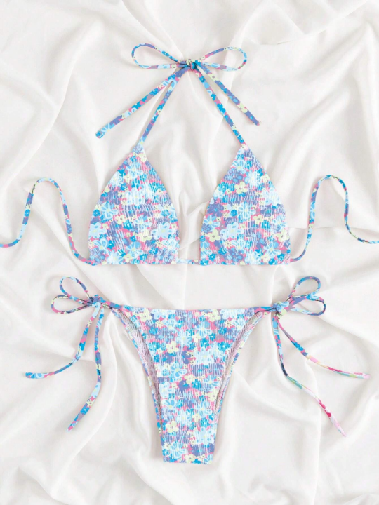 Floral Print Halter Triangle Tie Side Bikini Swimsuit