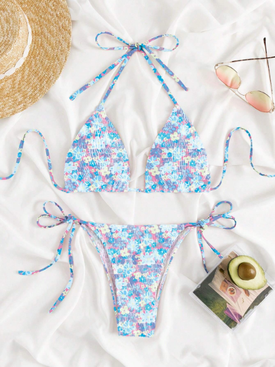 Floral Print Halter Triangle Tie Side Bikini Swimsuit