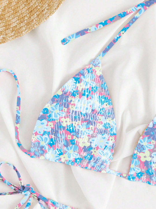 Floral Print Halter Triangle Tie Side Bikini Swimsuit