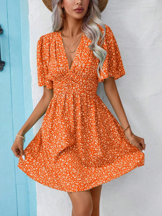 VCAY Ditsy Floral Print Butterfly Sleeve Dress