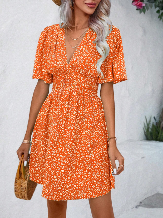 VCAY Ditsy Floral Print Butterfly Sleeve Dress