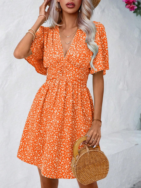 VCAY Ditsy Floral Print Butterfly Sleeve Dress