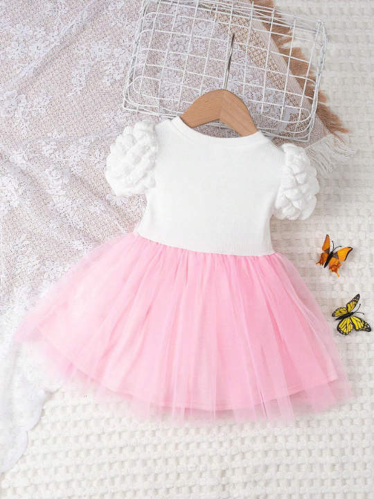 Baby Girl Two Tone Appliques Puff Sleeve Mesh Hem Dress