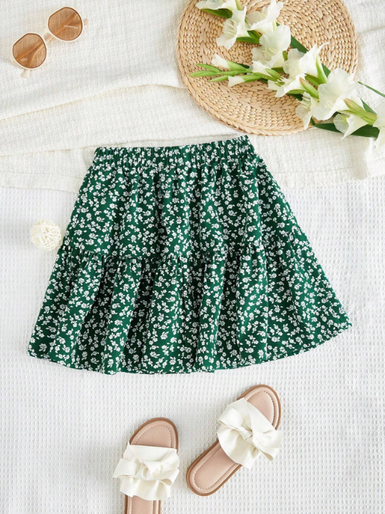 Tween Girl Ditsy Floral Print Ruffle Hem Skirt