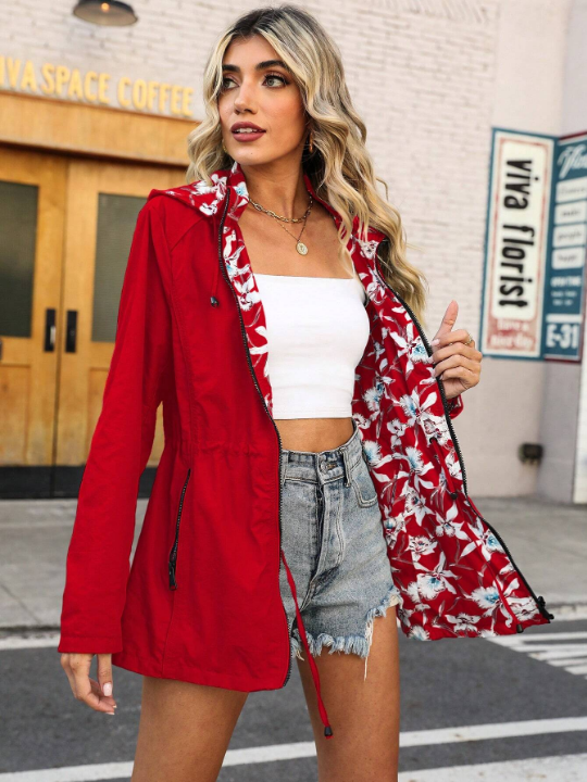 Floral Print Drawstring Waist Hooded Coat