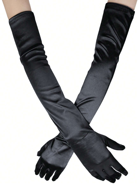 1 Pair Women's Long Black Satin Gloves, Ideal For Everyday Parties, Dance Performances