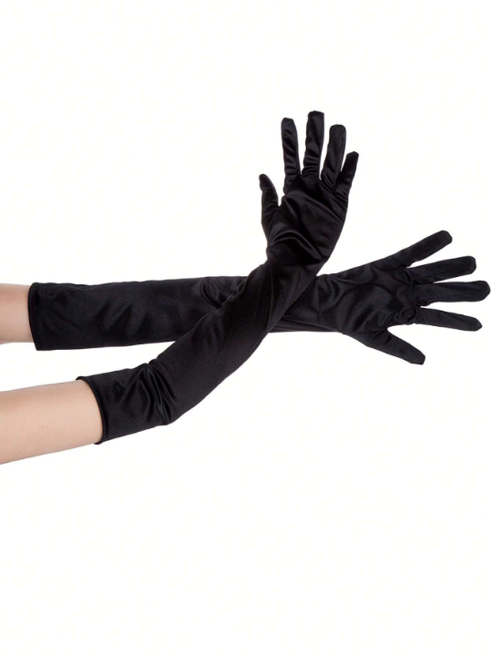 1 Pair Women's Long Black Satin Gloves, Ideal For Everyday Parties, Dance Performances