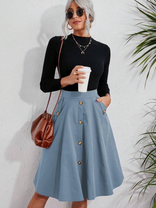 LUNE Solid Button Detail Flare Hem Skirt