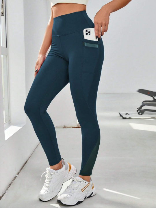 Yoga Basic Mesh Insert Phone Pocket Side Wideband Waist Sports Leggings