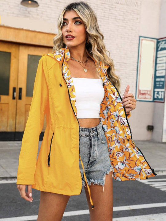 Floral Print Inside Drawstring Waist Hooded Coat