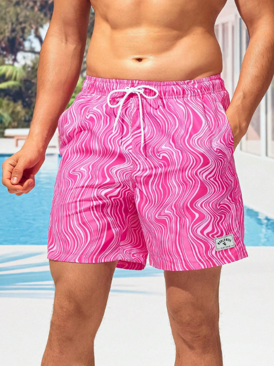 Manfinity Swimmode Men Wave Striped Patched Detail Drawstring Waist Swim Trunks