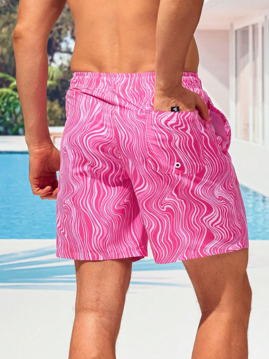 Manfinity Swimmode Men Wave Striped Patched Detail Drawstring Waist Swim Trunks