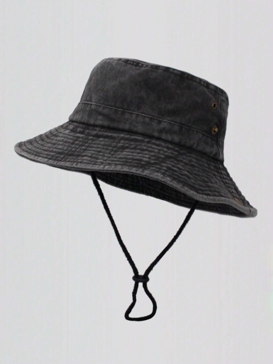 1pc Unisex Washed Drawstring Design Adjustable Casual Bucket Hat For Outdoor