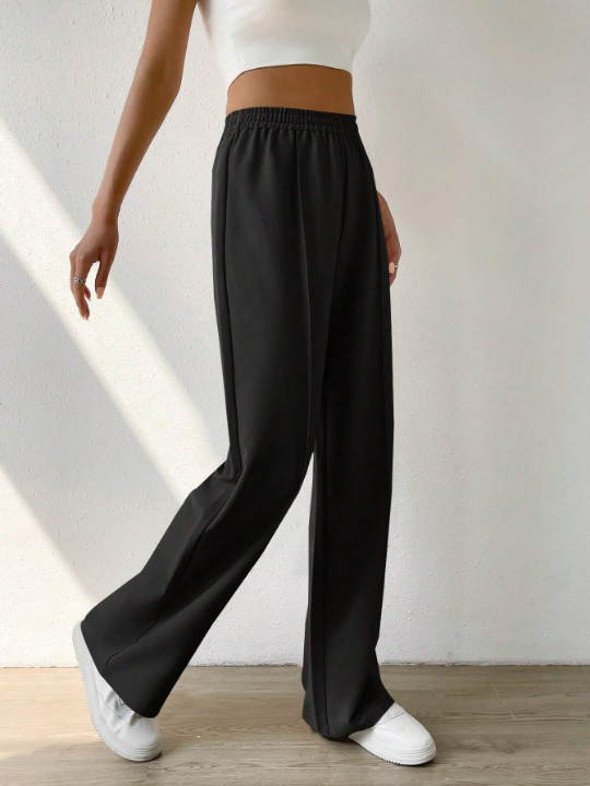 EZwear Solid Elastic Waist Wide Leg Pants