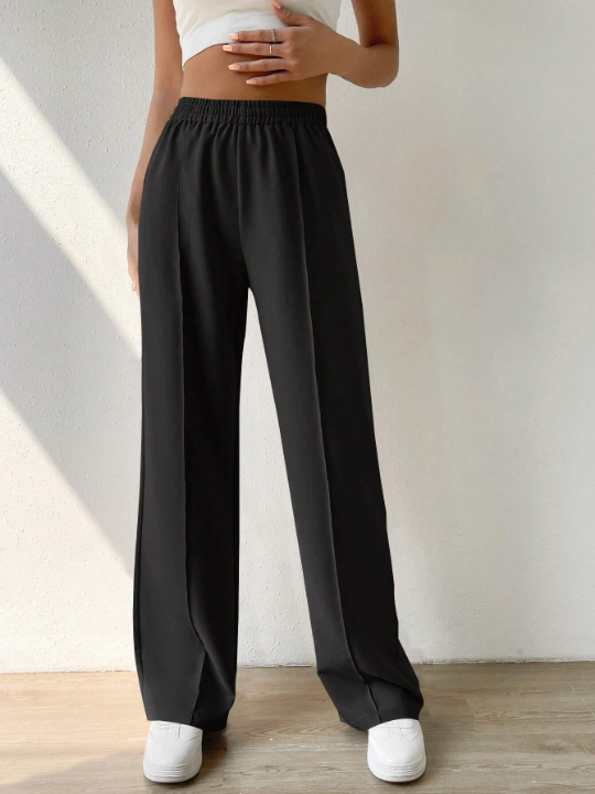 EZwear Solid Elastic Waist Wide Leg Pants