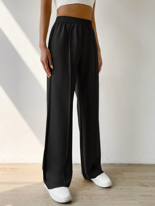 EZwear Solid Elastic Waist Wide Leg Pants