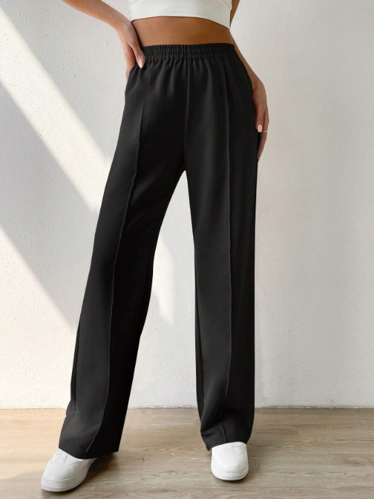 EZwear Solid Elastic Waist Wide Leg Pants