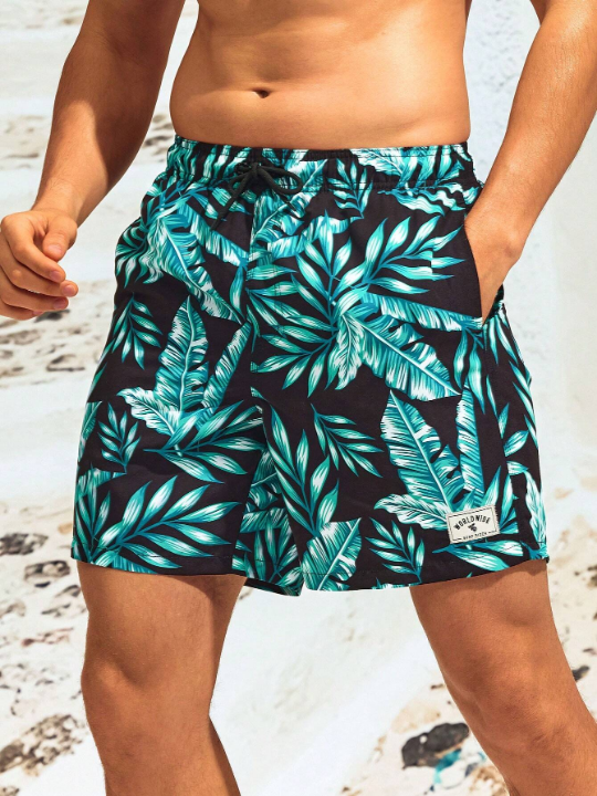 Manfinity Swimmode Men Tropical Print Letter Patched Detail Drawstring Waist Swim Trunks