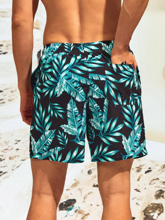 Manfinity Swimmode Men Tropical Print Letter Patched Detail Drawstring Waist Swim Trunks