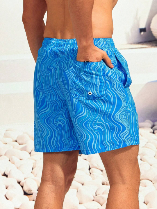 Manfinity Swimmode Men Wave Striped Patched Detail Drawstring Waist Swim Trunks